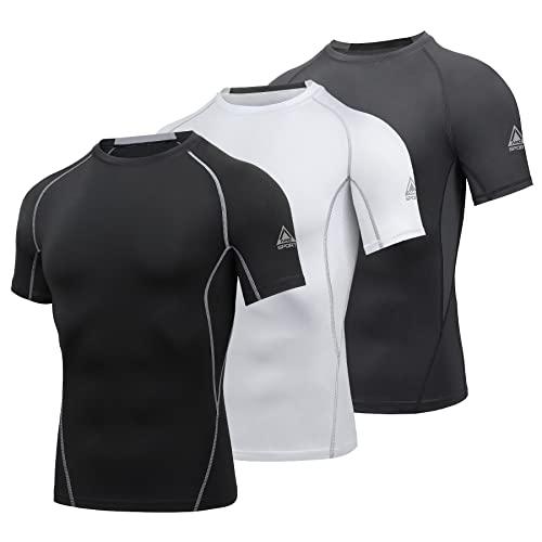 AMZSPORT Maglietta a Compressione da Uomo, a Maniche Corte, Funzionale, Cool Dry, per Allenamento e Corsa, Confezione da 3: Nero + Bianco + Grigio, M