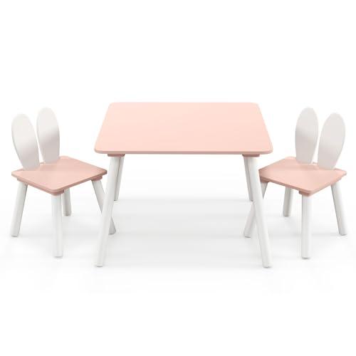 COSTWAY Tavolo Bambini con Sedie, Set Tavolo e Sedie in Legno per Bambini 3-6 anni con Schienale a Forma di Coniglio, Tavolino con Sedie per Giocare, Disegnare e Leggere, Capacità di 40 kg (Rosa)