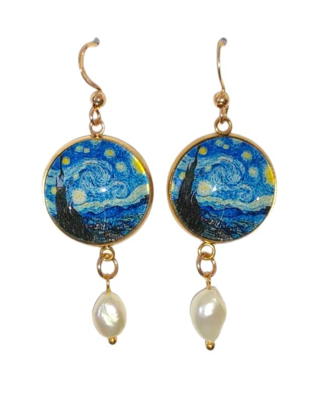 Orecchini Dipinti Pendenti Cabochon, Idea Originale per Regalo Natale,Fatto a Mano, Gioielli Donna Sicilia con Perline Naturali(Perl Di Fiume Notte Stellata)