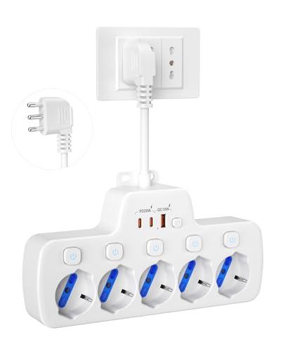 Ciabatta Multipresa Elettrica 5 Posti,Presa Multipla Salvaspazio con Interruttori Indipendenti,5 Polivalenti Schuko 10/16A Adattatore Bipasso Bivalenti Italiana Spina 2P+T 16A,Cavo corto 0,1m,Bianco