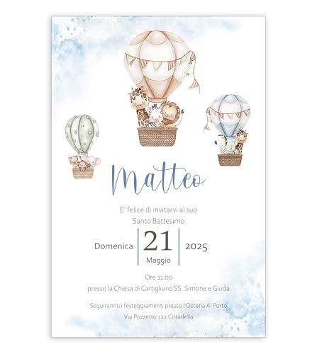 Inviti battesimo animaletti sulla mongolfiera - biglietti personalizzati animaletti - partecipazioni battesimo o compleanno bimbo leone giraffa zebra set da 10 biglietti 12x18 centimetri