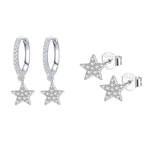 Epoch World 2 Paia Orecchini a Stella da Donna Orecchini Argento 925 Orecchini Cerchio con Ciondolo Stella Orecchini Pendenti Zirconia Orecchini a Cerchio Argento per Donna Ragazza