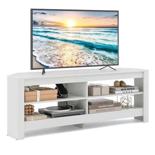 COSTWAY Mobile Porta TV fino a 65'', con Presa Elettrica, Mobiletto Angolare per Soggiorno a 3 Ripiani con 4 Scaffali Aperti, Tavolo Console Media per Soggiorno Ingresso, 140 x 40 x 49,5 cm (Bianco)