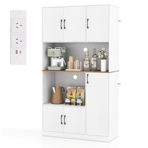 COSTWAY Armadio Dispensa Alto 180 cm, Credenza da Cucina con Presa di Corrente e 4 Ante, per Cucina, Sala da Pranzo e Soggiorno, 100 x 40 x 180 cm (Bianco)