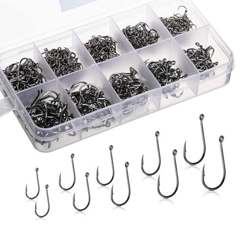 Ami da pesca con ardiglione da 200 pezzi, set di ami da pesca in acciaio al carbonio con occhi e custodia in plastica, adatti per la pesca in acqua dolce e salata