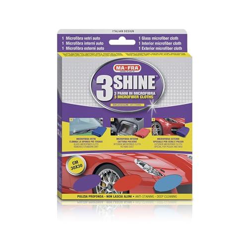 Ma-Fra, 3Shine, Tris Panni in Microfibra per Pulizia Vetri, Esterni ed Interni Auto, Multicolore