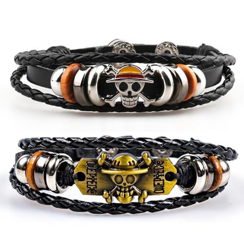 NHPY 2 Pezzi One Piece Bracciali, One Piece Braccialetti Merch, Bracciale Avvolgente Con Occhio Del Diavolo,One Piece Gadget Con Accessori A Forma Di Teschio E In Pelle Tressata(2Forma)