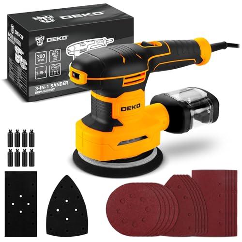 DEKOPRO 3-IN-1 Levigatrice Orbitale: Levigatrice Multifunzione 300W 13000RPM, con 15 fogli di carta vetrata, 6 velocità e accessori per il lavoro del legno