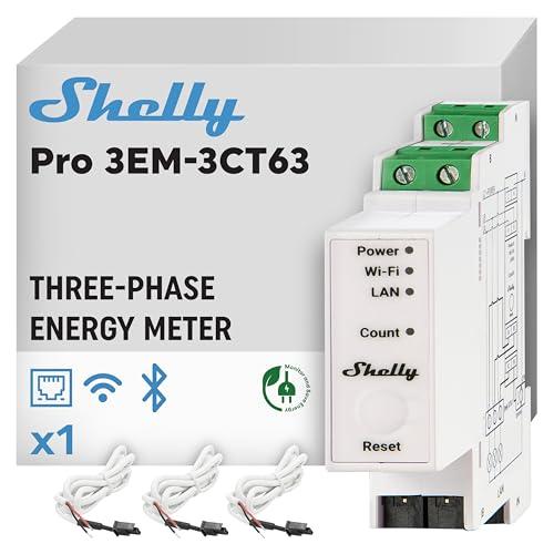 Shelly Pro 3EM-3CT63, Contatore di Energia Intelligente & Trasformatore di Corrente WiFi, LAN Mono o Trifase, 63А, Monitoraggio dell'energia, Misurazione Solare/di Rete, Senza Relè Integrato