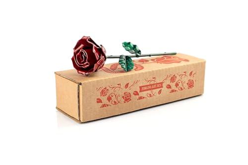 Forging Art Bcn® Rosa Eterna in Ferro Forgiato a Mano - Regalo Festa della mamma, San Valentino, 6° anniversario di matrimonio, Nozze di Ferro (Rosso/Verde senza Base)