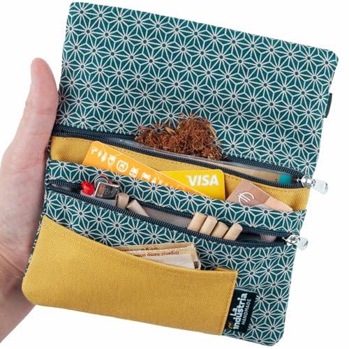 Portatabacco Artigianale in Cotone Biologico - Portafoglio Astuccio Porta Tabacco, Cartine, Filtri, Accendino, Carte e Contanti, Fantasia geometrica giapponese