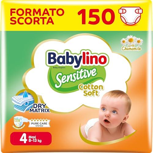 Babylino Sensitive Cotton Soft, Pannolini Taglia 4, Maxi (8-13kg), 150 Unità