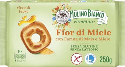Mulino Bianco Fior di Miele Biscotti Frollini al Miele Millefiori con Farina di Mais, Senza Lattosio, Glutine e Olio di Palma, Mulino Armonia, Confezione con 6 Monoporzioni da 6 Biscotti