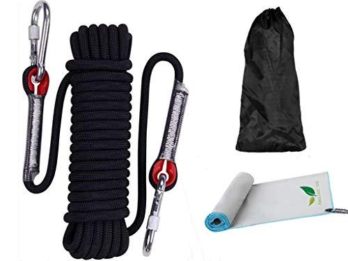 Nylon Corda Multiuso Per Esterni+Asciugamano Ad Asciugatura Rapida, L20M D10MM,Con2moschettoni,Capacità Di Carico1200 Kg, Salvataggio, Arrampicata,Alpinismo,Speleologia,Su Roccia,Campeggio(Nero)