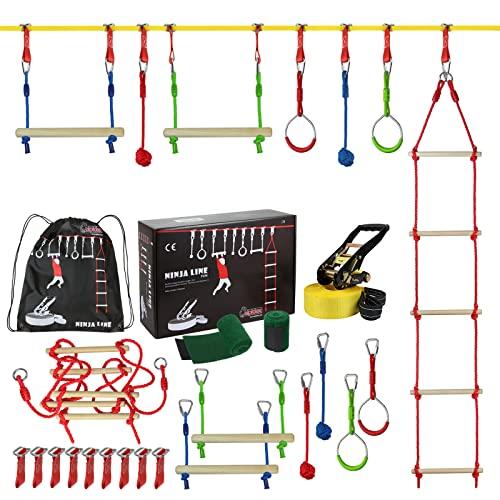 ALPIDEX Ninja Warrior Set Gioco Bambini Slackline Percorso Sospeso Ostacoli Anelli Ginnastica Nodi Corda Altalena Scaletta Accessori, Stil:Fun