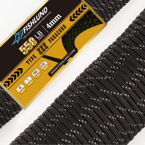 FISHLUND Paracord riflettente da 550 libbre, corda Paracord tipo III a 7 fili da 50 piedi e 4 mm, corda da paracadute in nylon per campeggio, Nera
