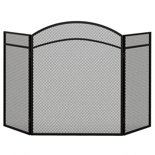 HOMCOM Schermo Parascintille per Camino Pieghevole a 3 Pannelli, Griglia per Caminetto in Metallo con Design Classico, 96x60cm, Nero