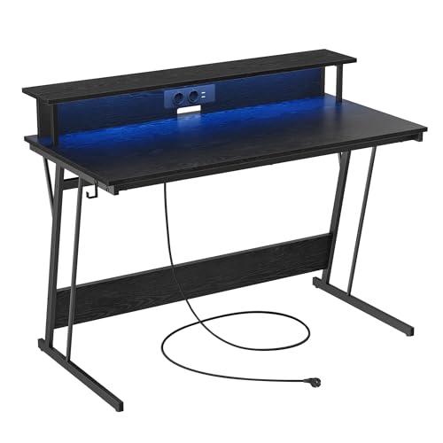 VASAGLE Scrivania da Gaming con Luci LED e Prese di Corrente, Scrivania da Computer, Supporto per Monitor, Tavolo per 2 Monitor, Ufficio, Camera da Letto, 60 x 120 x 76 cm, Nero Ebano LWD192B56