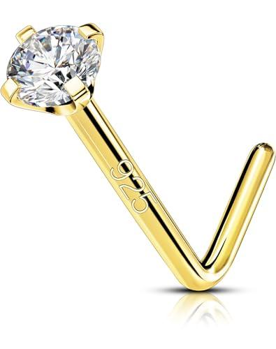 OUFER 20G Oro Piercing Naso Argento 925 Piercing Naso Nostril 7mm Nose Ring CZ Trasparente Nose Pin Piercing Nasale L/S Nose Piercing Piercing Naso Donna Naso Nostril (A forma di L)