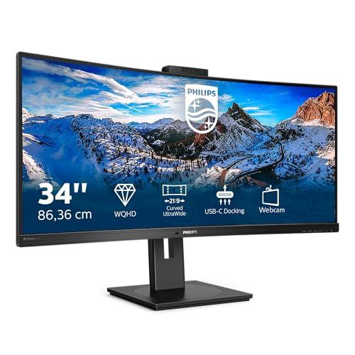 Philips 346P1Crh Docking Monitor Wqhd Curved Usb C Da 34 Pollici, Webcam, Regolabile In Altezza, Hdr400, 3440 x 1440, 100 Hz, Hdmi, Displayport, Usb C, Rj45, Hub Usb, Nero, 34 Pollici Wqhd Curvo