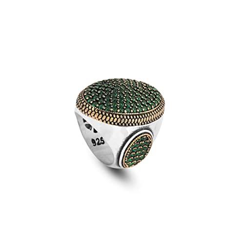 Jewellery Pit - Anello con Smeraldo, Grande Anello Stile Ottomano in Argento 925, Micro Pietre Preziose, Lucido e Inciso, Anello Vintage Fatto a Mano per Uomo, con Panno per Lucidare