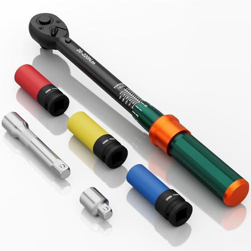 NADOKHI Chiave Dinamometrica 1/2'', 20-220Nm, 6 Pezzi Chiave Dinamometrica Auto con Bussole 17mm/19mm/21mm, Prolunga 125mm, 1/2