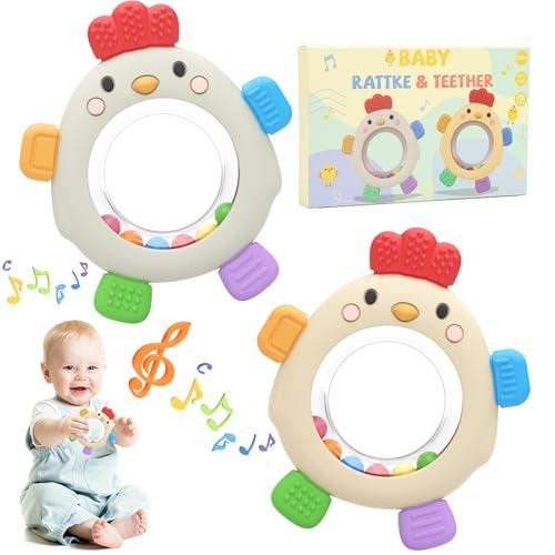 2 Pezzi Massaggia Gengive Neonati con Sonaglio, Giochi Dentizione Neonato in Silicone Senza BPA, Facile da Afferrare, Sollievo per le Gengive dai 3-6-9 Mesi, Regalo per Bambino e Bambina