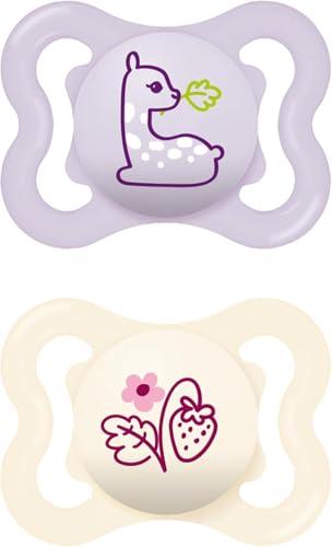 MAM Air Succhietto 2-6 Mesi (Set da 2), Ciuccio MAM 2-6 mesi per pelli sensibili e delicate, Kit da 2 accessori neonato con tettarella in silicone e porta ciuccio sterilizzatore, Lilla/Neutro