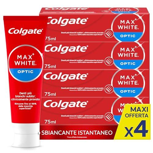 Colgate Dentifricio Sbiancante Max White Optic 4 Confezioni da 75 ml I Clinicamente Provato per Rimuovere Fino al 100% delle Macchie Superficialil I Denti più bianchi I Sbiancamento denti istantaneo