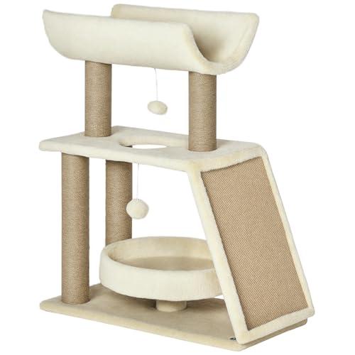 PawHut Albero Tiragraffi per Gatti con Cuccia a U, Lettino e Tappetino, Tiragraffi per Gattini in Truciolato, Peluche e Sisal, 60x30x76 cm, Marrone Chiaro