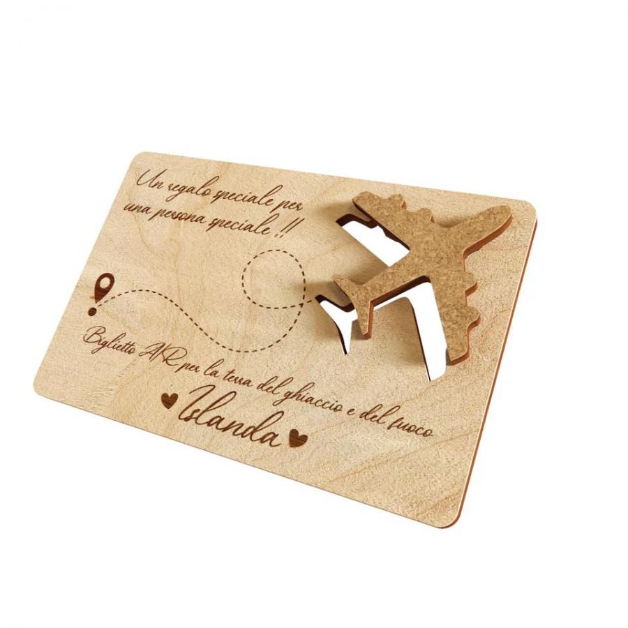 IDEA LAB Biglietto Aereo 3D in Legno, Regalo Personalizzabile con Dedica Incisa