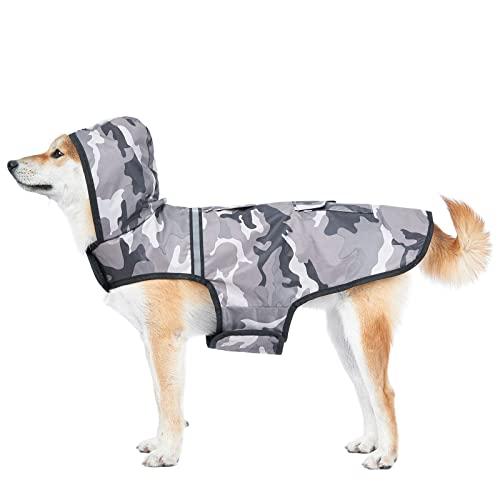 KoKoBin Impermeabile Cane Giacca riflettente per cani con cappuccio Foro del collo con cappuccio Super leggera e traspirante impermeabile per cani di taglia media e grande(Mimetico grigio,2XL)