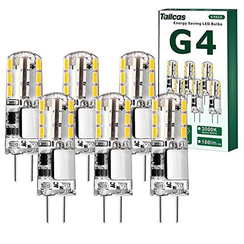 Tailcas G4 LED 12V Lampadina, 1.5W G4 Lampadine Equivalente a 20W Lampade Alogena,180Lumen, Bianco Caldo 3000K, Non Dimmerabile, Nessun Sfarfallio, 6 Pezzi