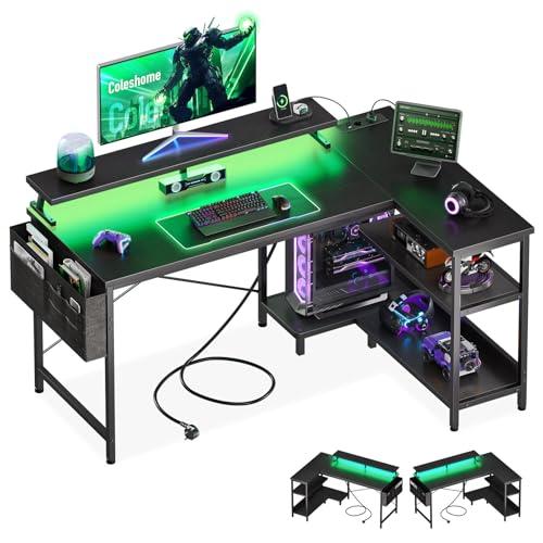 Coleshome Scrivania Gaming con LED e Prese, 120x80cm Scrivania Gaming Angolare Reversibile con Ripiani, Scrivania Angolare con Supporto per Monitor per Casa Ufficio, Nero