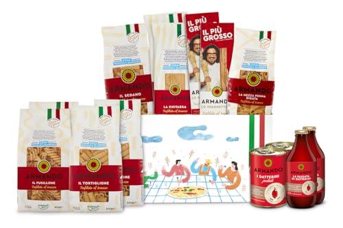 ARMANDO Confezione Grano & Pomodoro, Box Degustazione con 10 pacchi da 500gr di Pasta di Semola di Grano Duro di Filiera 100% Italiana, 2 Confezioni di Datterini Pelati e 2 di Passata di Datterini