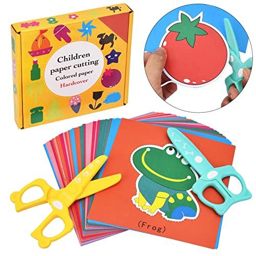 DealKits Set Taglio Carta per Bambini, 2 Forbici Sicurezza + 48 Fogli, Attività Didattica Creativa per Asilo e Scuola Materna - Giocattolo Educativo