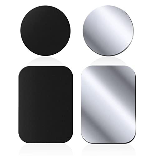 Rouclo Set di 4 piastre in metallo autoadesive con adesivo per magnete da auto, supporto per cellulare da auto, molto sottile, per cellulare e tablet, colore argento nero