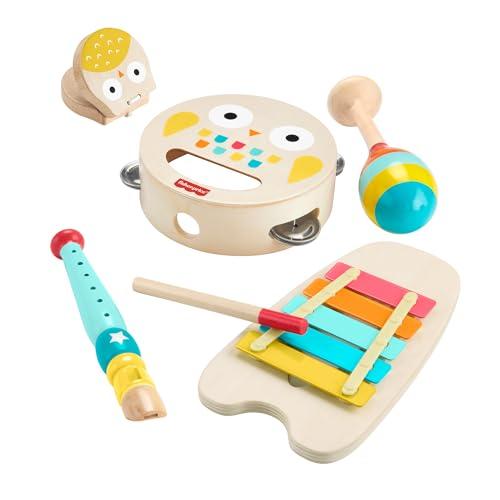 Fisher-Price - Set Strumenti Musicali, 6 strumenti giocattolo in legno a forma di animali per lo sviluppo delle capacità motorie e sensoriali, giocattolo per bambini, 2+ anni, HXT90