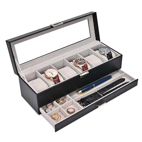 ProCase Scatola per orologi con 6 scomparti, con coperchio in vetro, 2 livelli, con cuscino rimovibile, per gioielli, anelli, bracciali e collane, colore nero