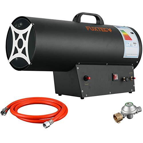 Generatore aria calda FUXTEC GH51 riscaldatore a gas tubo di collegamento e riduttore di pressione potenza termica 50 kW, portata d'aria 650 m³/h, protezione dal surriscaldamento (IMPORT GERMANIA)