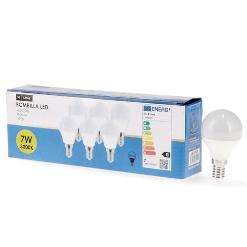 M Ledme - Confezione da 6 lampadine LED E14 G45 7W, luce calda (3000k), attacco E14, 630 lumen, IP20, apertura fascio luminoso 200°, efficienza energetica e basso consumo. Modello LM7609