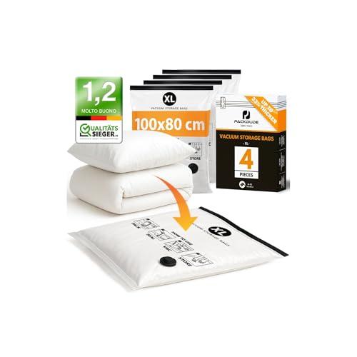 PACKDUDE XL Sacchi Sottovuoto Piumoni, Coperte e Vestiti I 4 PEZZI I Taglia XL: 100x80 cm I Sacchi Sottovuoto Grandi I Large Vacuum Bags for Bedding & Clothing I Sacchetti Sottovuoto Piumoni e Vestiti