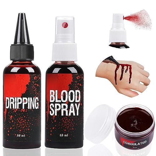 Set di Sangue Finto, 60ml Sangue Finto Spray e 60ml Sangue Gocciolante e 40ml Gel Coagulato, Trucco per Halloween, Lavabile, per Vestiti, Zombie, Cosplay (set)