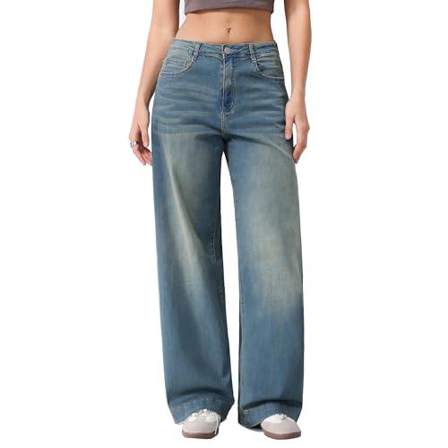 vittorio y Jeans Donna Vita Alta Gamba Larga Denim Elasticizzato Lavaggio Chiaro Casual Streetwear Comodi (IT, Testo, L, Regular, Regular, Denim)