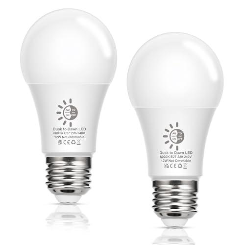 Lampadina LED E27 Sensore Crepuscolare, Lampadina Con Sensore 12W Equivalenti a 100W, Luce Fredda 6000K, Lampadine A60 1100 Lumen, Lampada E27 LED a Vite Risparmio Energetico Consumo Basso, 2 pezzi