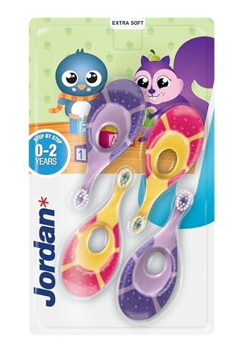 Jordan* ® Step 1, spazzolino da denti per bambini, 0-2 anni, setole morbide, senza BPA, rosa e viola, confezione da 4