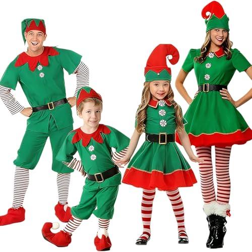 Costume Di Natale, Costume Elfo Bambini, Vestito Da Elfo Bambina, Natalizio Famiglia Coordinato, Abito Con Gonna Cintura Cappello Calze, Vestito FolIetto Bambina, Travestimento Natale(Ragazza