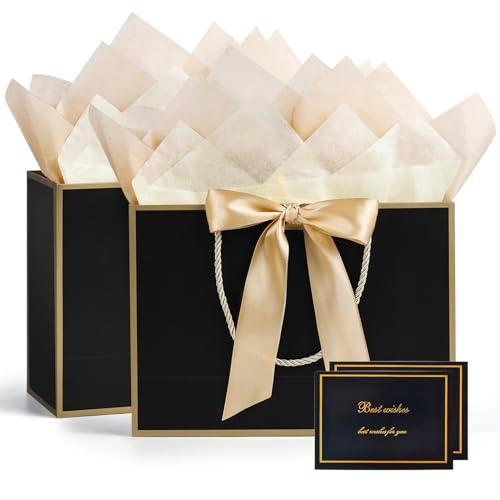BBILKE Sacchetti Regalo Medie - 2 Sacchettini Borsa Regali Compleanno in Carta con 2 Carte, Buste Regalo Grandi Elegante con Manici per Donne Ragazze San Valentino Festa di Nozze Natale (Oro Nero)