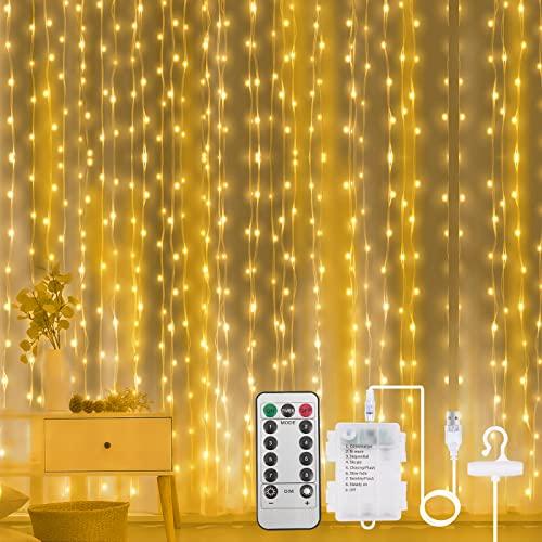 Aomig Tenda Luminosa, 2 IN 1 Tenda Luci LED con USB e Alimentato a Batteria, 3X3M 300 Luci Fatate Impermeabile, Tenda Luminosa Natale con 8 Modalità per Camera da Letto, Giardino, Bianco Caldo