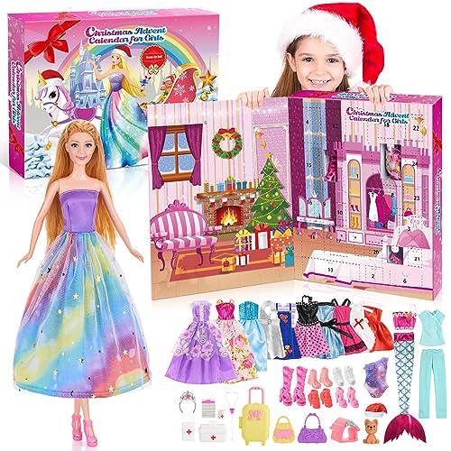 HappyGoLucky Calendario Avvento 2025 con 24 Sorprese, Giochi & Regalo Bambina 3 4 5 6 7 8 9 10 Anni - Set con Bambole, Vestiti e Accessori - Regali Natale per Bambini in Confezione